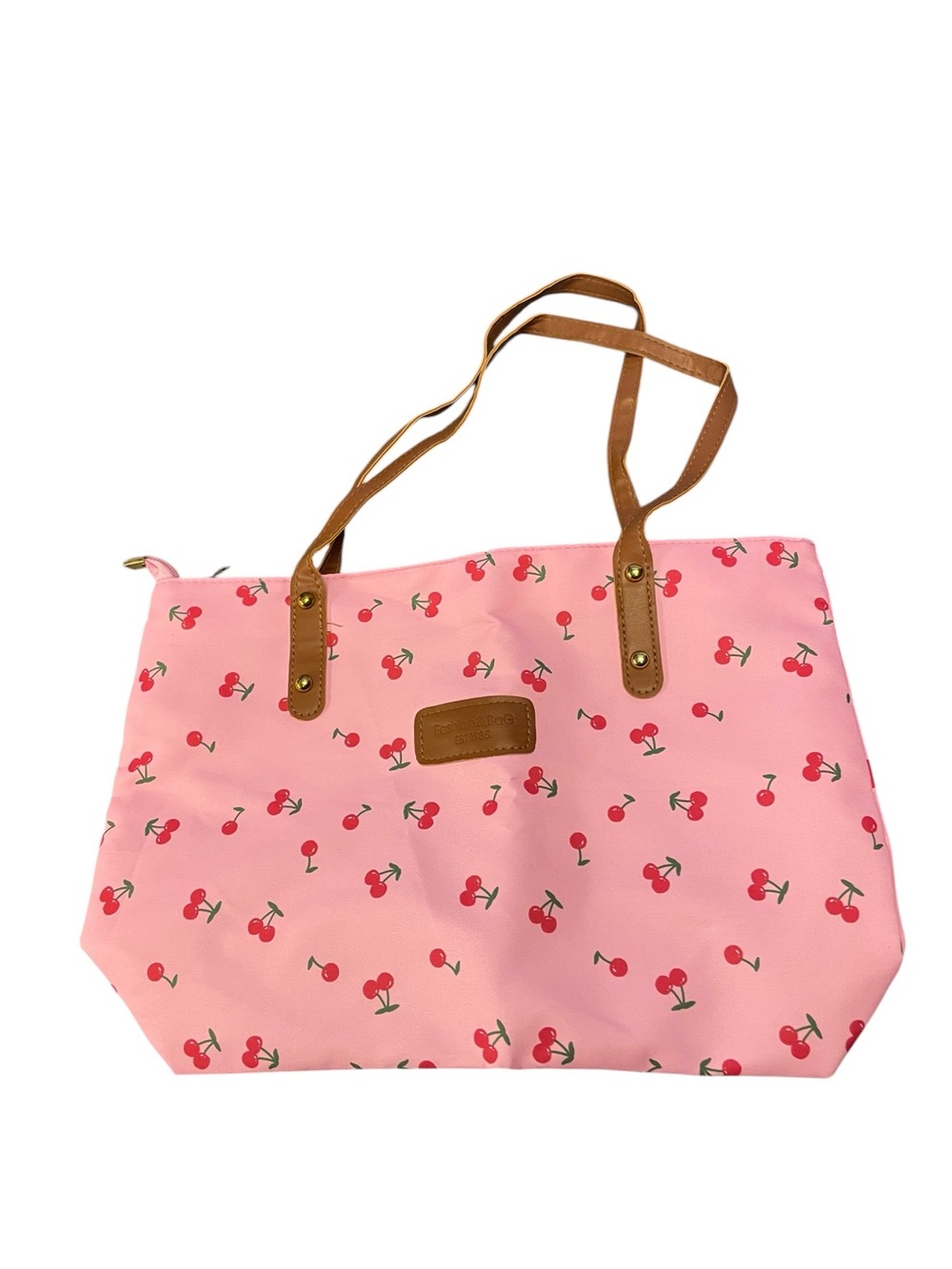 Pink Cherry-Print Tote with Brown Straps measuring 10 x 15”